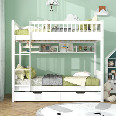 3ft Single Bed frame Wooden Bunk Beds with Storage White Wood Kids Childrens Bed