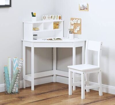 White Corner Study Table & Chair Wooden Study Computer Desk for Kids Unisex Xmas