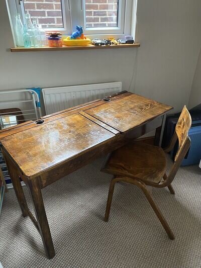 Vintage Wooden Double School Desk With Chair