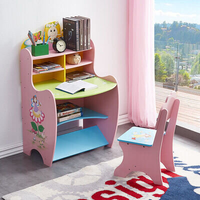 Wooden Kids Desk and Chair Set Children's Study Writing Table with Storage Shelf