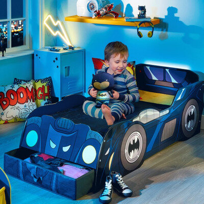 Toddler Bed Batman Batmobile Wooden Frame Kids Bedroom Furniture Lights Storage