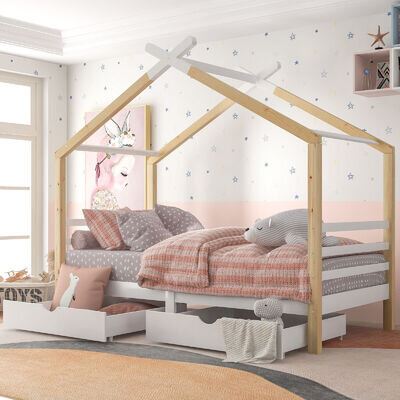 House Bed Frame 3ft Single Bed Solid Pine Frame for Kids Children Boy Girl Bed