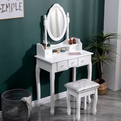 Dressing Table 5 Drawer Makeup Desk Dresser w/Mirror and Stool Bedroom White