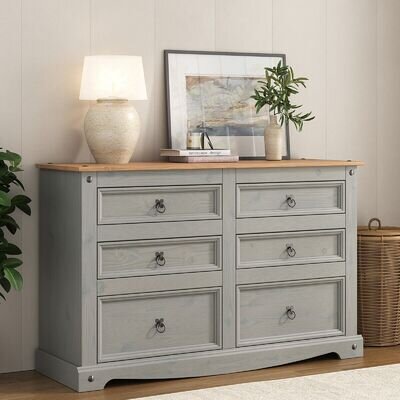 Corona Grey Chest of Drawers Pine 6 Drawer 3+3 Solid Pine Mexican Wax Sideboard