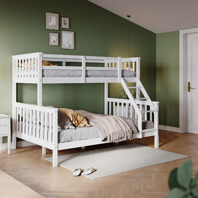 White Triple Bunk Bed 3ft Single 4ft6 Double Solid Pine Wood Children Bed Frame