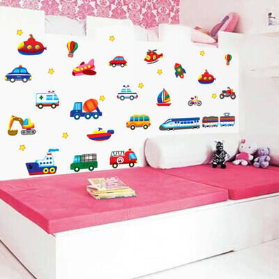 Cartoon Car Aircraft Ferry Wall Stickers for Kids Room Bedroom Nursery Home