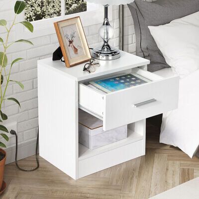 Compact Bedroom Bedside Table Nightstand Side Table Small 1 Drawer Cabinet White