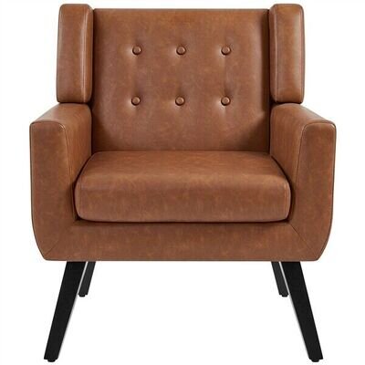 PU Leather Accent Chair Thick Removable Seat Cushion for Bedroom, Retro Brown