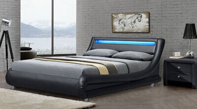 Italian Designer Faux Leather Bed with LED Strip 4ft6, 5ft with Mattress Option