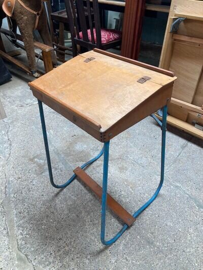 Vintage Children's Triang Blue Metal Frame Brown Wooden Lift Top Desk