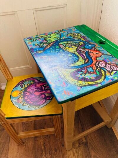 Child’s Bespoke Wooden desk Upcycled Dinosaur Desk and Chair One Off