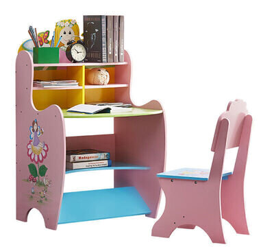 Wooden Kids Desk & Chair Set Children Writing Study Table + Book Shelf