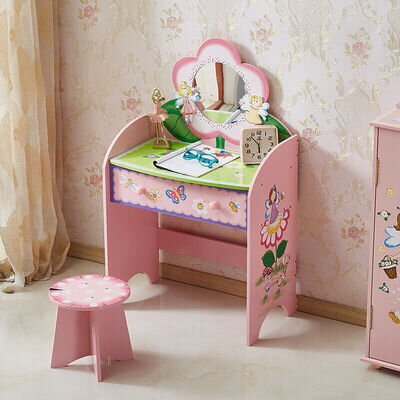 Kids Dressing Table with Stool & Drawer Children Study Desk and Chair Set Wooden