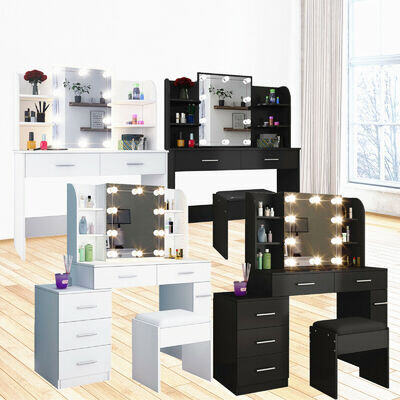 Dressing Table Mirror with Lights Stool Makeup Vanity Set Desk Organizer Dresser