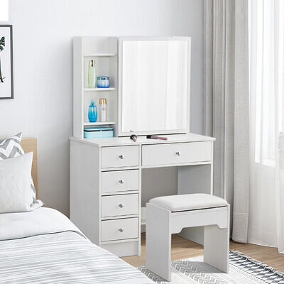 Modern Dressing Table Makeup Desk Sliding Mirror Shelf Stool 5 Drawers White