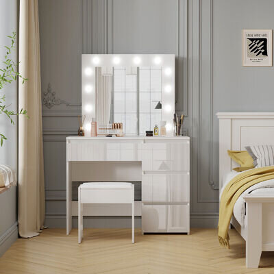 Vanity Dressing Table Set w/ LED Mirror High Gloss 4 Drawers Makeup Desk Bedroom