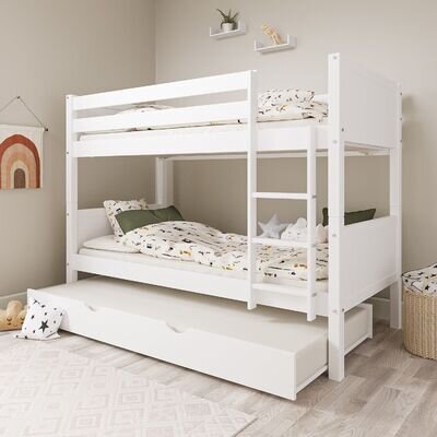 Single Bunk Bed Detachable White Wooden with Trundle Bed and Ladder