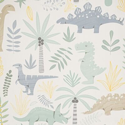 Cartoon Dinosaur Pastel Teal Yellow Green Blue White Childrens Smooth Wallpaper