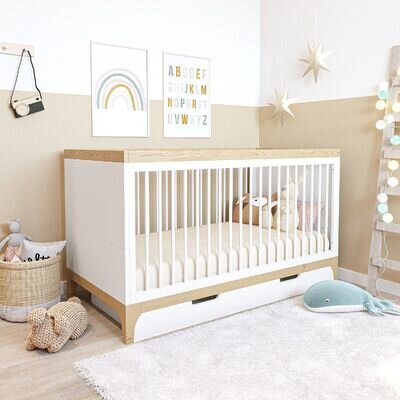 White and Wood Convertible Cot Bed with Drawer Storage - Rue RUE001