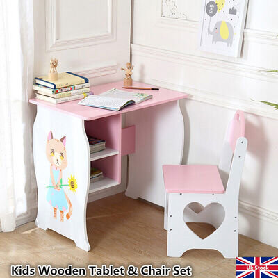 Kids Desk Chair Set Storage Shelves Children Wooden Writing Study Table Hutch