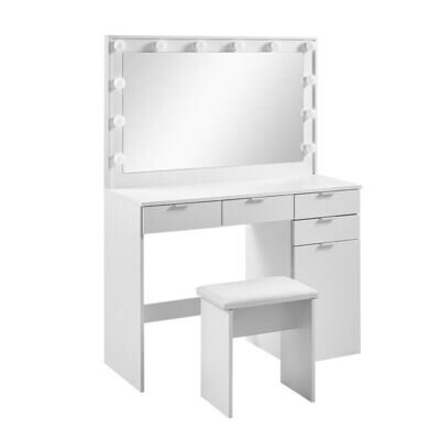 White Dressing Table Set 4 Drawers LED Lights Mirror Padded Seat Makeup Table