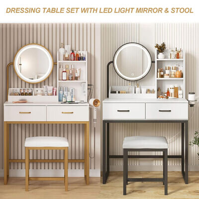 Modern Vanity Dressing Table with LED Light Mirror Stool Shelves 2 Drawers