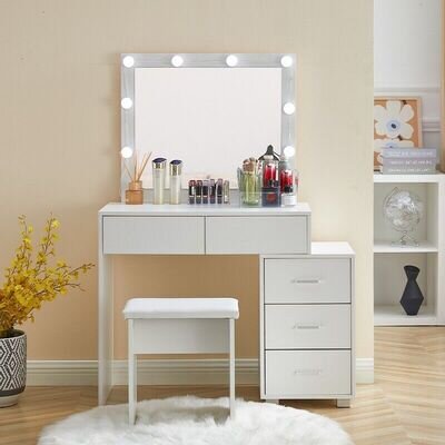 Dressing Table with LED Lights Mirror 5 Drawers Vanity Make up Desk Stool Set