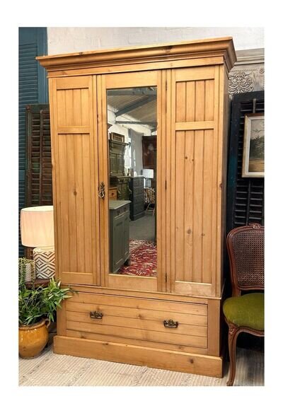 c1900 Antique Pine Wardrobe With Mirror, Drawer And Hanging Rail Delivery