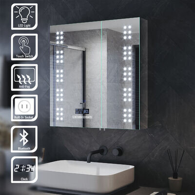 Bathroom Mirror Cabinet with LED Lights Demister Shaver Socket Bluetooth Speaker