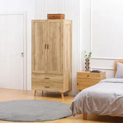 Natural wood 2 door wardrobe with 2 drawers and hanging rail for bedroom storage