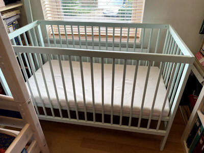 Mokee Mini Cotbed - Stone Teal (120×60) with Natural Cot Bed Mattress RRP £249