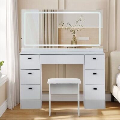 White Dressing Table Wood Makeup Desk with LED Mirror 7 Drawers Stool Bedroom