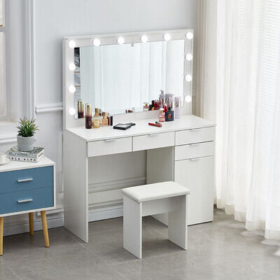 White Dressing Table Stool Set LED Bulbs Mirror Vanity Make up Desk Cabinet