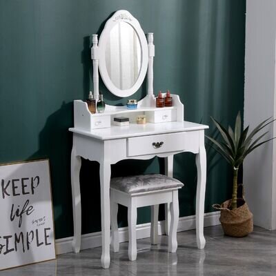 Dressing Table 3 Drawer Makeup Desk Dresser w/Mirror and Stool Bedroom White