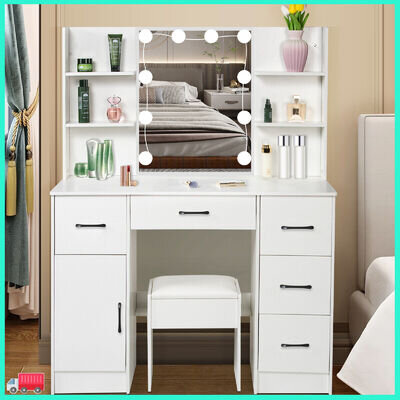 Dressing Table Makeup Desk Vanity Set with Hollywood LED Light Mirror 5-Drawer