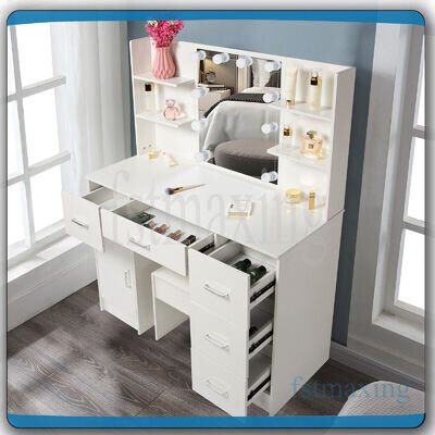 Large Dressing Table With LED Lights Mirror Stool Shelf Vanity Table Makeup Desk