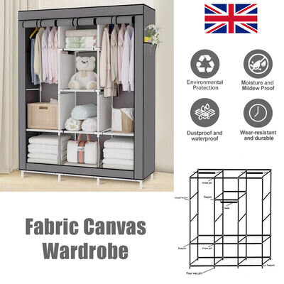 Large Fabric Canvas Wardrobe Hanging Rail Clothes Storage Cupboard Dustproof