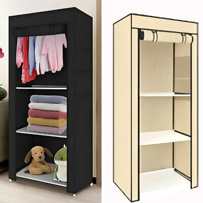 PRACTICAL FABRIC CANVAS WARDROBE HANGING RAIL SHELVING CLOTHES STORAGE CUPBOARD