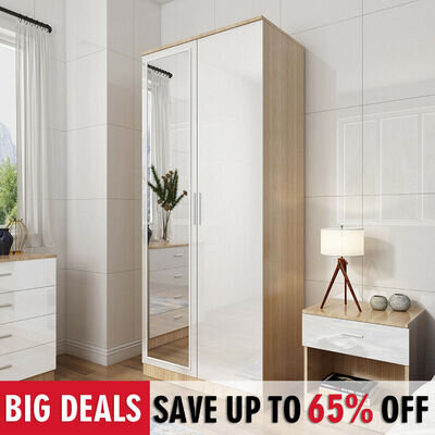 2 Door Wardrobe with Mirror High Gloss Large Storage 5 Colors Cupboard Furniture