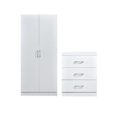 White 2 Door Double Wardrobe & 3 Drawer Chest Set Bedroom Storage Hanging Rail