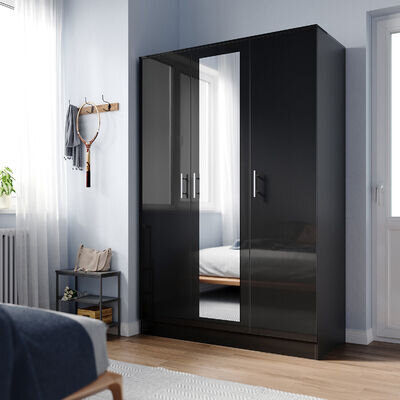 Black High Gloss 3 Door Triple Mirrored Wardrobe with Hanging Rail & Shelves