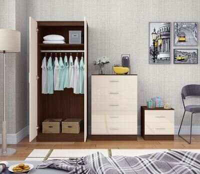 REFLECT High Gloss Cream / Walnut - Bedroom Furniture Wardrobe Chest Bedside