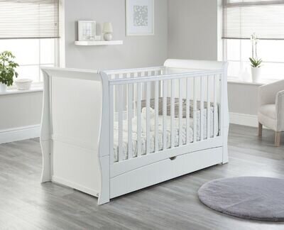 Sleigh Baby Cot Bed with Drawer in Grey or White - Converts into a Toddler Bed