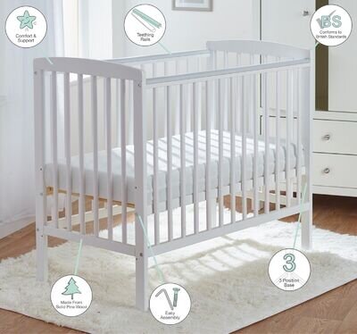 Baby Compact Cot White with Mattress Included 3 Adjustable Height Position