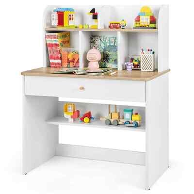 COSTWAY Kids Wooden Study Desk Children Writing Table with Hutch & Drawer