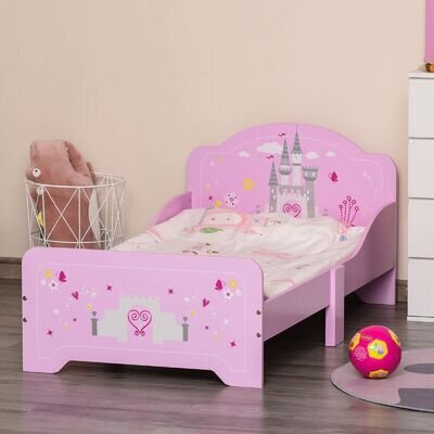 Kids Bed Princess Castle Theme with Side Rails Slats Home 3-6 Years Pink