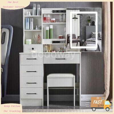 New Dressing Table + LED Sliding Mirror Vanity Table with 6 Drawers Makeup Table