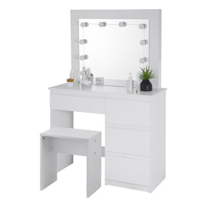 Dressing Table Set Makeup Desk w/ LED Mirror Stool 4 Drawers Vanity Table White