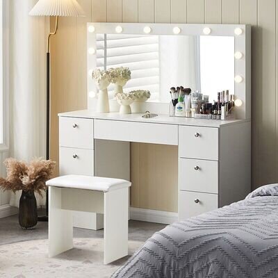 White Dressing VanityTable Makeup Desk with LED Mirror 7 Drawers Stool Modern