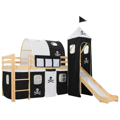 Children's Loft Bed Frame with Slide & Ladder Pinewood 97x208 cm - Pirate Themed